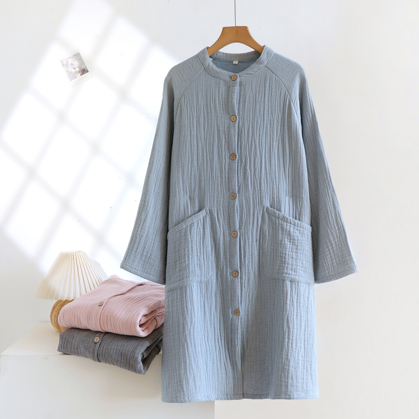四层纯棉纱布睡裙女春秋简约纯色圆领宽松长袖睡衣全棉前扣家居服,女士内衣/男士内衣/家居服,睡裙,淘宝优惠券,粉丝福利购,淘宝优惠卷