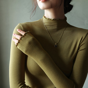 柔美半高木耳领莫代尔打底衫女秋冬洋气轻薄保暖修身长袖内搭上衣