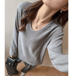 高级感上衣简约百搭t恤 加厚宽松长袖 德绒磨毛V领打底衫 女秋冬新款