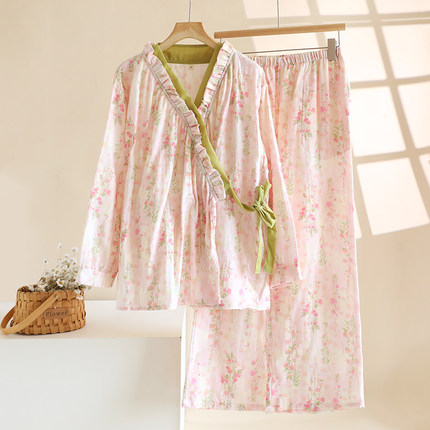 日系和服睡衣女春夏季纯棉纱布长袖家居服套装复古汉服薄款家居服