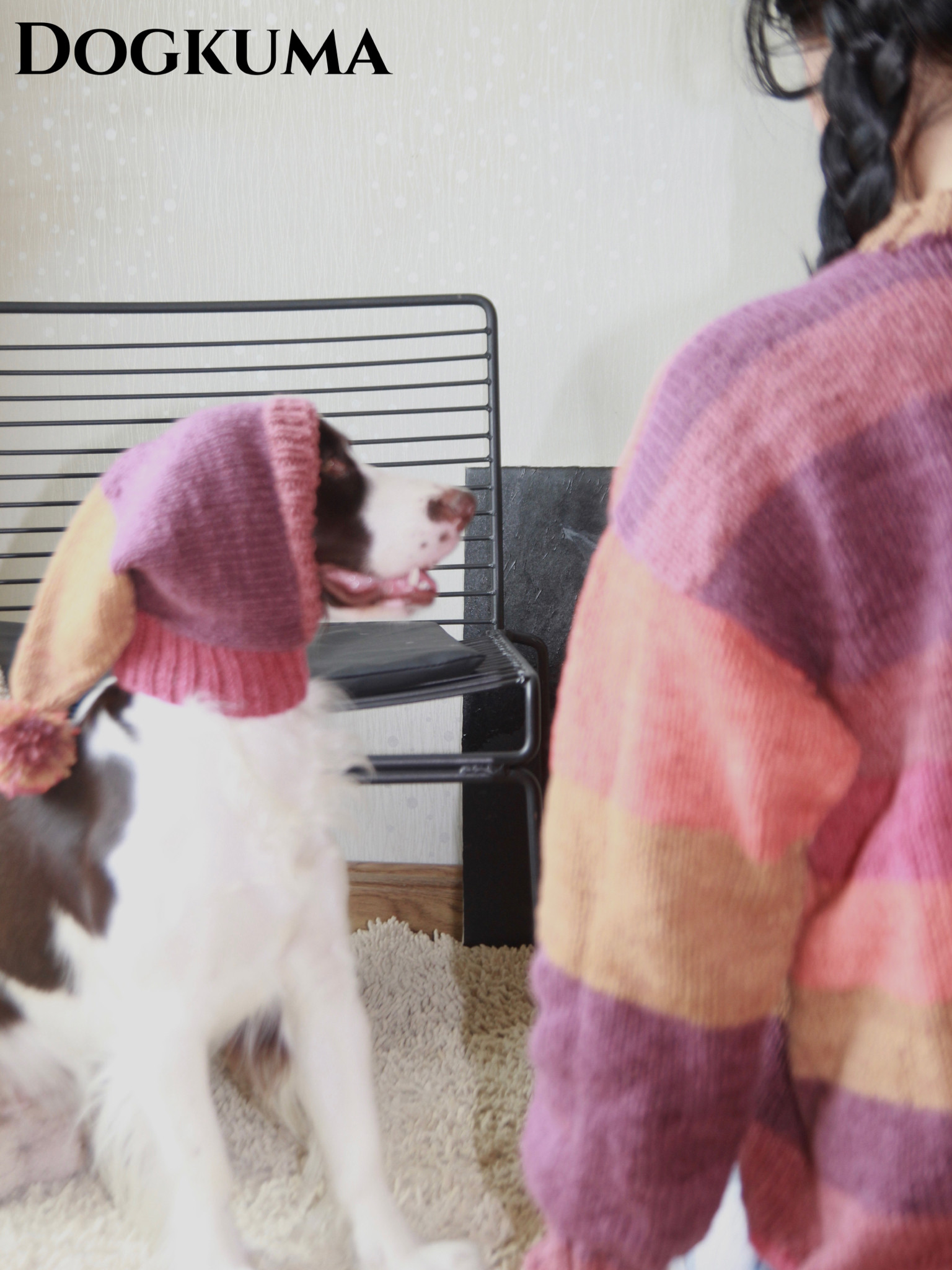 Dogkuma亲子款狗狗可爱毛球针织帽主人款莫兰迪复古条纹毛衣