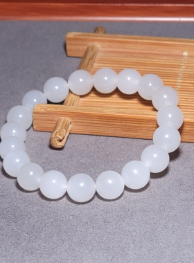 L031905 新疆的猫28.8克直径10mm质地冰透的老坑羊脂白玉圆珠手链