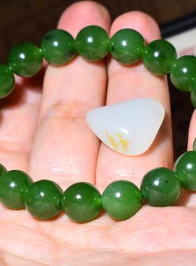 JJ010711新疆的猫28.5克10mm色调靓菠菜绿碧玉圆珠手链和田玉