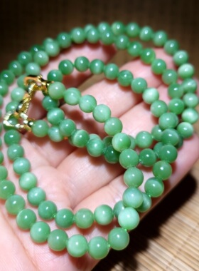 zg020413新疆的猫36.2克新疆黑羊洞美鲜翠薄荷绿猫眼碧玉超长项链