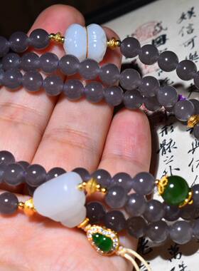 JJ020606新疆的猫44.9克直径6mm色美油亮细润美美烟紫和田玉项链