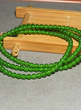 L121805 15.7克直径4mm色泽质感冰润的老坑俄料阳绿碧玉圆珠项链