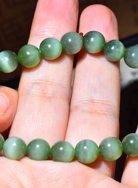 JJ030201新疆的猫17.6克直径8mm纯净的老坑俄料碧玉猫眼圆珠手链