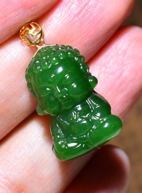 新疆的猫JJ121806  6.0克，菠菜绿老坑碧玉18k金宝宝佛小精品