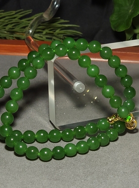 新疆的猫L122204 46.8克直径8mm色泽鲜美均匀的阳绿碧玉圆珠项链