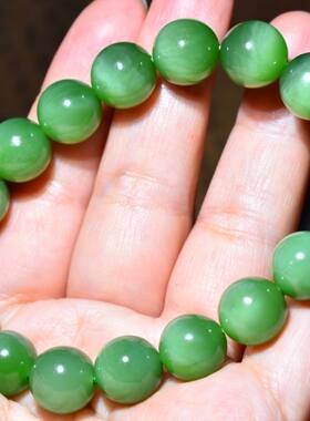 JJ030702新疆的猫46.3克12mm肉质纯净老坑俄料碧玉猫眼圆珠手链