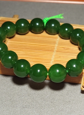 L010404 45.6克，直径12mm色调鲜艳质地纯净菠菜绿碧玉圆珠手链