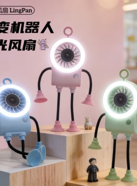 科技感机器人灯光迷你电风扇折叠式带吸盘数显小风扇可爱搞怪礼品