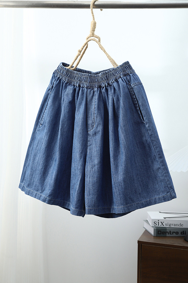 琴川谷夏季牛仔短裤女松紧腰大码宽松百搭阔热裤深蓝色显瘦休闲裤