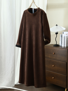 琴川谷复古纹理灯芯绒中长款加绒卫衣女冬新款加厚连衣裙宽松内搭