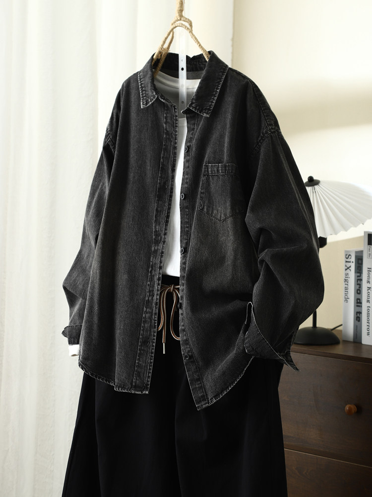 2024春秋季纯棉牛仔长袖衬衫女百搭复古做旧宽松休闲翻领显瘦衬衣