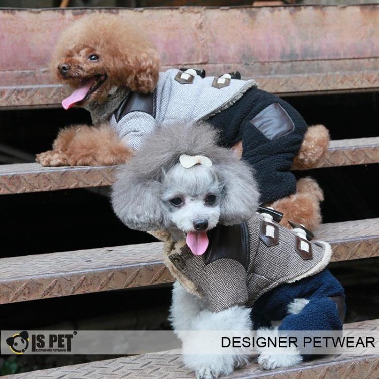 ISPET宠物服装狗大衣 秋冬款牛角扣外套皮拼加绒加厚狗上衣CT0035