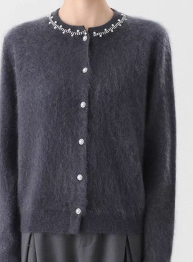 【100%山羊绒】冬季新款圆领重工镶钻拉绒开衫