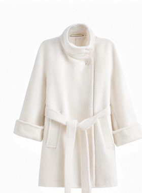 【100%山羊绒拉绒】冬季新款立领系带山羊绒女士大衣