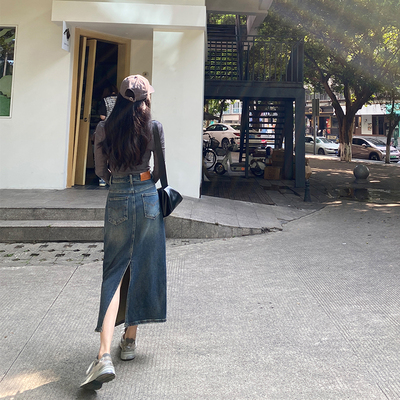 深蓝色后开叉高腰中长牛仔裙女