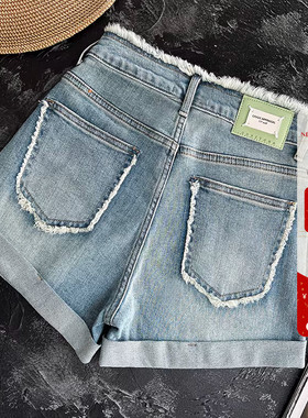 时髦精 夏天薄款浅蓝色2026新款毛边高腰显瘦牛仔短裤a字热裤女