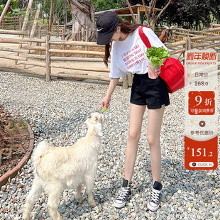 潮 百搭宽松阔腿侧开叉热裤 辣妹小蛮腰高腰收腹黑色牛仔短裤 女夏季