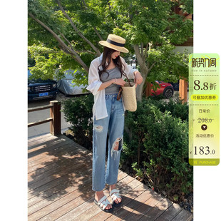 女蓝色百搭显瘦九分宽松遮肉法棍裤 春夏新款 大破洞高腰直筒牛仔裤