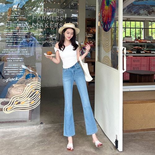 薄款面料小个子高腰微喇牛仔裤女夏季蓝色修身显瘦九分百搭喇叭裤