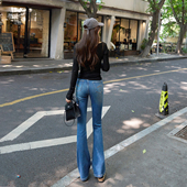 修身 深蓝色高知喇叭长裤 微喇牛仔裤 新款 女高腰显瘦春季 巨显腿长