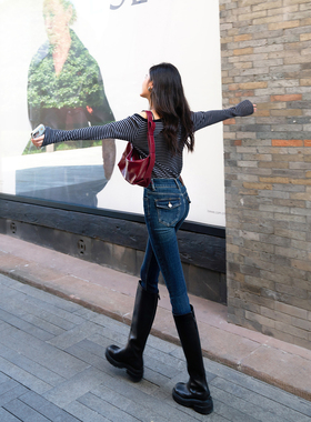 巨显瘦~两粒扣高腰牛仔裤女春季新款紧身显瘦翻盖提臀九分小脚裤