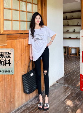 夏季薄款高弹力破洞牛仔裤女高腰纯黑色修身显瘦九分毛边小脚裤子