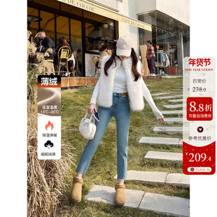 轻暖薄绒~加绒高腰八分牛仔裤女冬季浅蓝色显瘦保暖小个子直筒裤