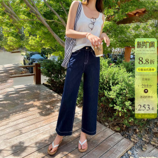 女深蓝色百搭宽松直筒八分奶奶裤 天丝面料高腰阔腿牛仔裤 薄款 夏季