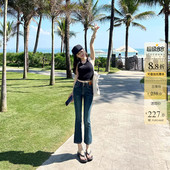 显瘦蓝色八分喇叭裤 小个子两粒扣高腰微喇牛仔裤 修身 新款 子 女春季