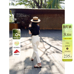 米白色遮肉显瘦九分烟管裤 高定莱赛尔侧拼接高腰直筒牛仔裤 女春季