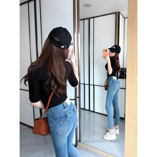 丰臀收腰 女春季 浅蓝色紧身显瘦高弹力翻盖九分裤 高腰小脚牛仔裤