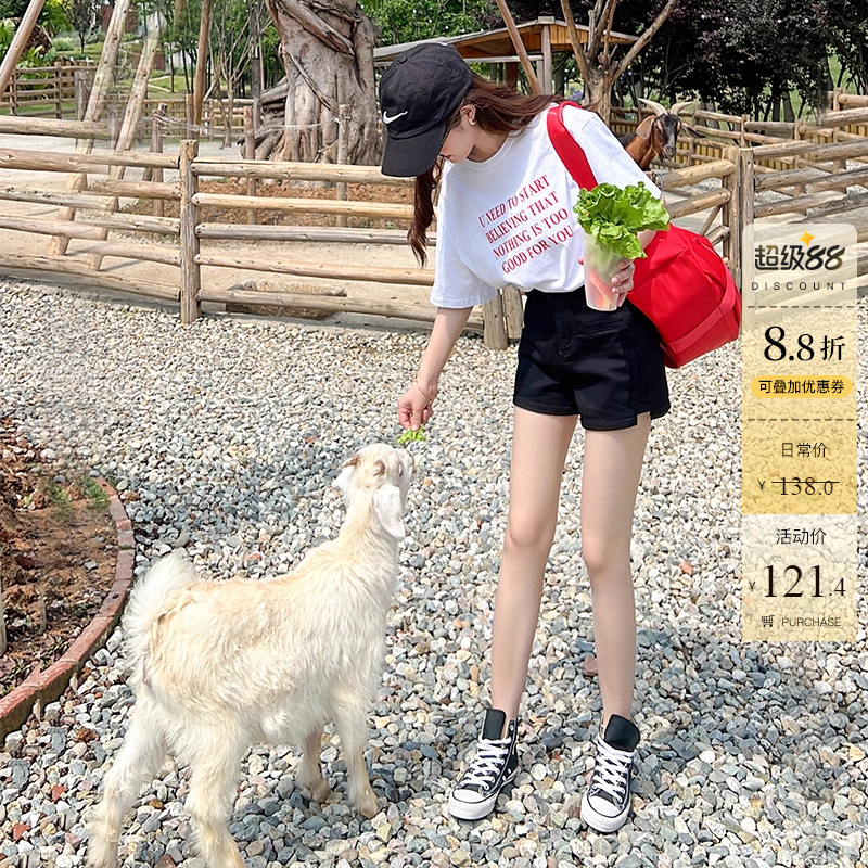 辣妹小蛮腰高腰收腹黑色牛仔短裤女夏季百搭宽松阔腿侧开叉热裤潮