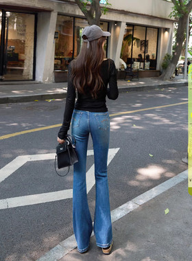 巨显腿长~修身微喇牛仔裤女高腰显瘦春季新款深蓝色高知喇叭长裤