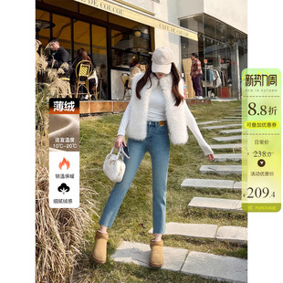 浅蓝色显瘦保暖小个子直筒裤 女冬季 加绒高腰八分牛仔裤 轻暖薄绒