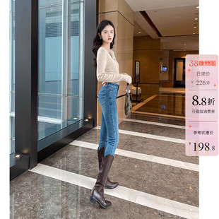 提臀显瘦~蓝色靴裤加绒小脚牛仔裤女紧身显瘦薄绒九分高腰铅笔裤