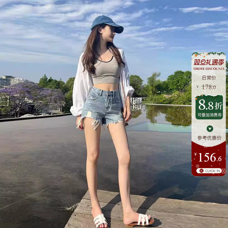 强力显腿长a字牛仔短裤