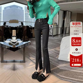 纯黑色前开叉微喇牛仔裤 显瘦小个子喇叭裤 女冬季 加绒高腰分衩修身