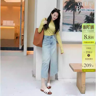 牛仔中长款半身裙春夏新款女装高腰复古蓝色弹力A字牛仔裙前开叉