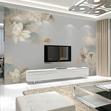 3d立体现代中式客厅电视背景墙壁纸定制影视墙纸无缝壁画水墨荷花