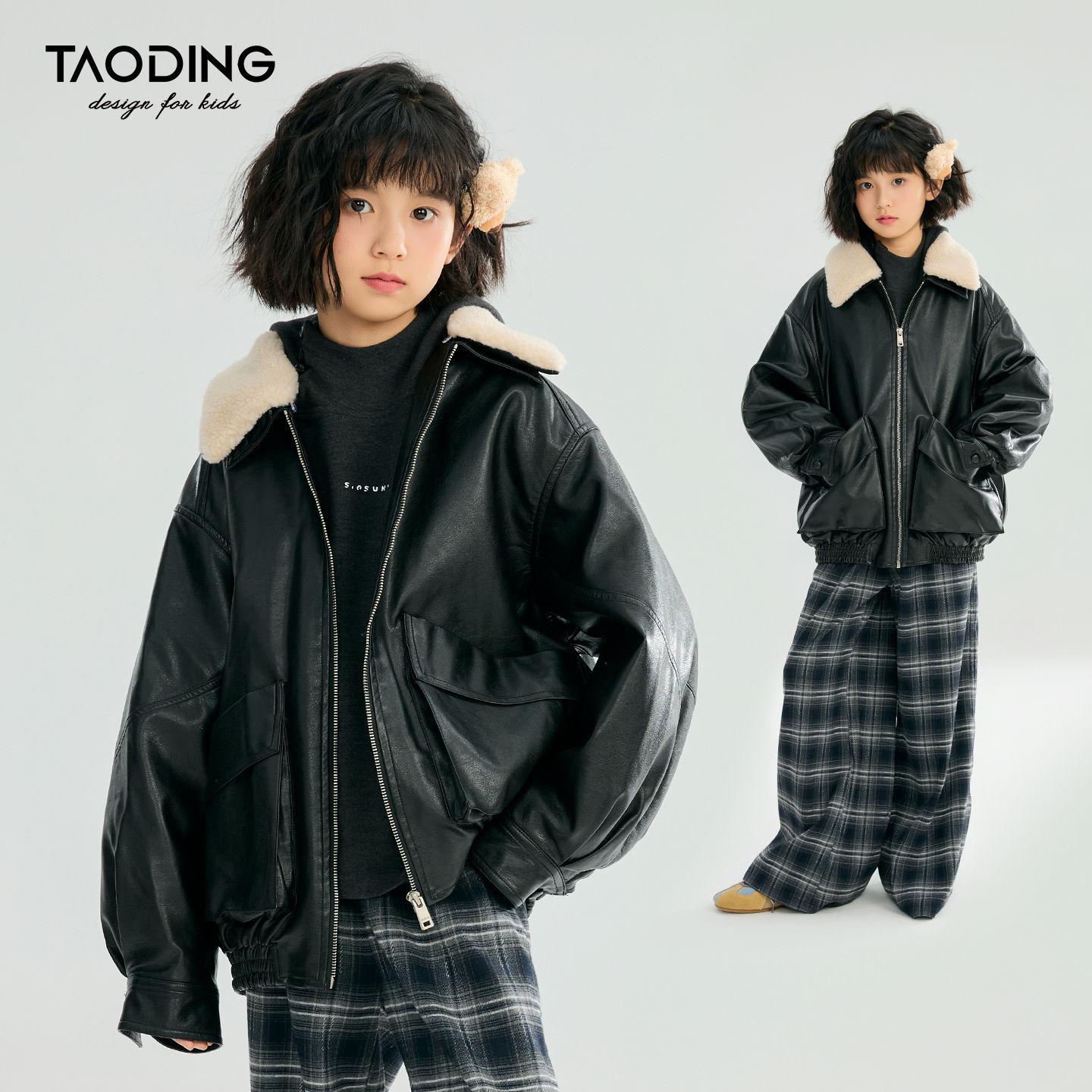 淘町女童皮衣外套秋冬夹棉新款儿童洋气女孩加厚保暖棉服夹克上衣