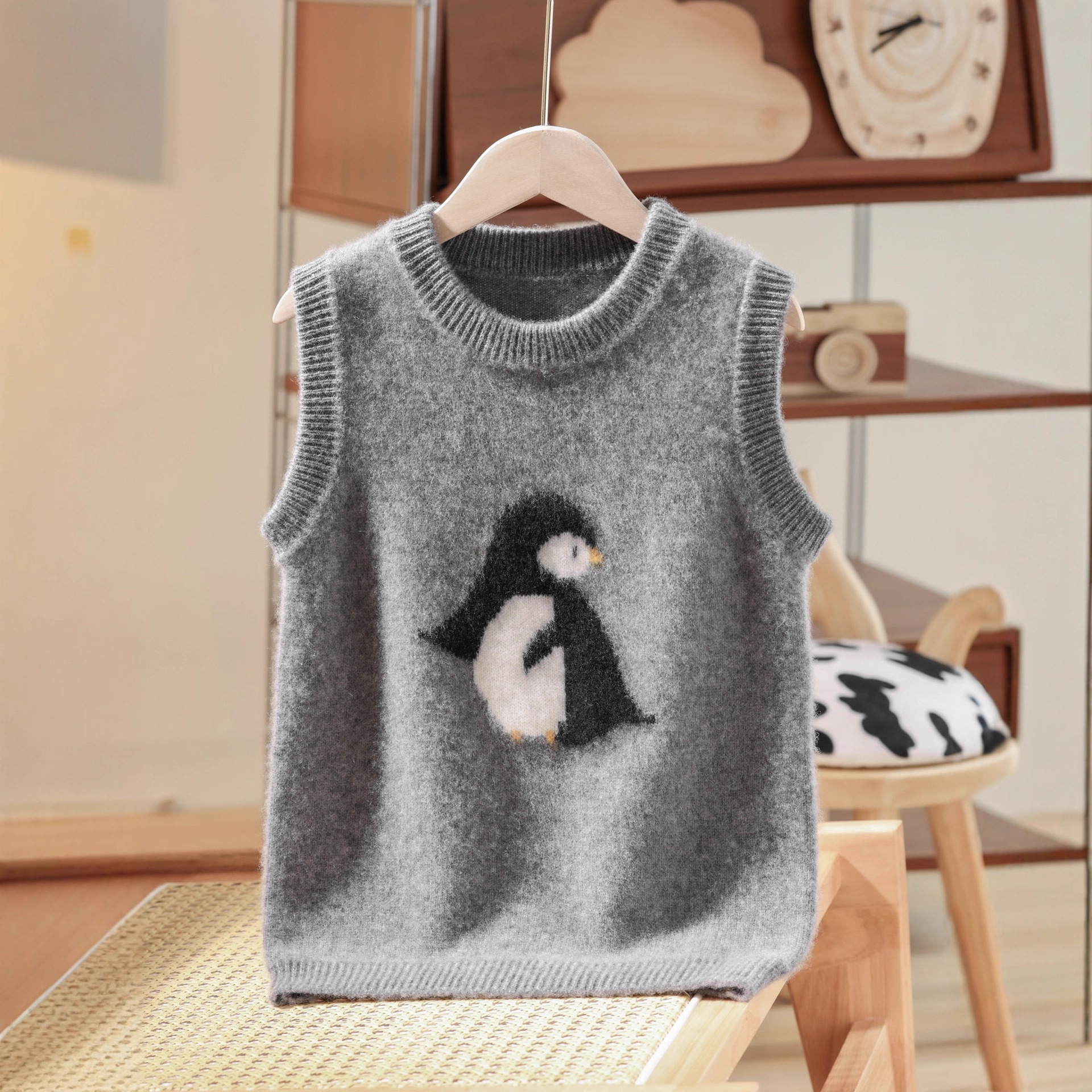100%纯羊毛针织叠穿马甲男女童宝宝圆领加厚坎肩儿童提花无袖毛衣
