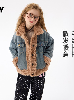 儿童牛仔加绒外套2025冬季新款女童韩版加厚上衣中大童羊羔绒冬装