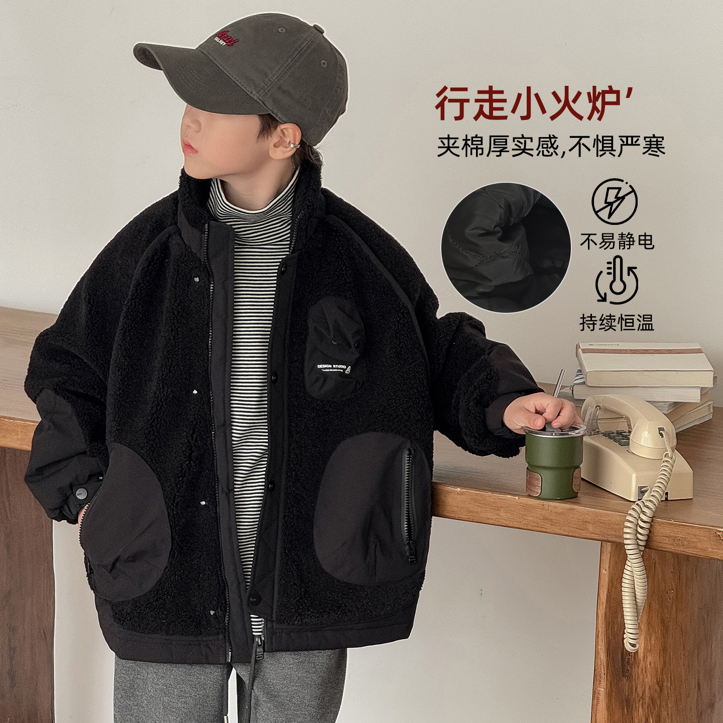 男童羊羔绒外套2025新款儿童装冬季夹棉加厚毛毛衣大童男孩冬装潮