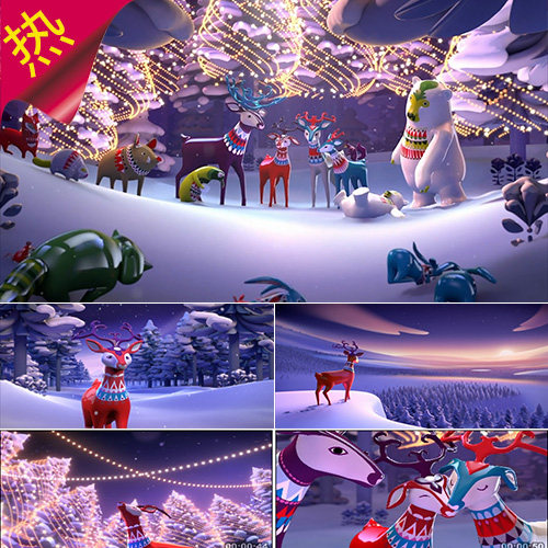 3D动画小鹿雪中奔跑 圣诞节动物总动员 下雪松树平安夜 视频素材