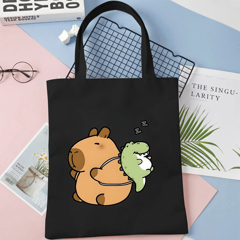 外贸卡皮巴拉印花帆布袋托特包广告日常购物袋大容量学生补课袋子