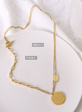 2511欧美热款个性辣妹双层OT扣英文字母圆牌吊坠锁骨链镀18K真